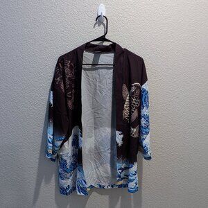 The Great Wave off Kanagawa black thin kimono jacket - Size Medium